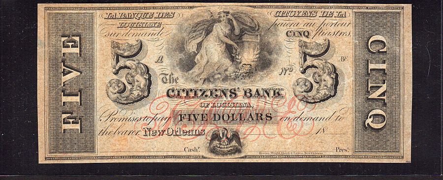 New Orleans, Louisiana, 18xx Remainder $5, The Citizens Bank of Louisiana, GemCU